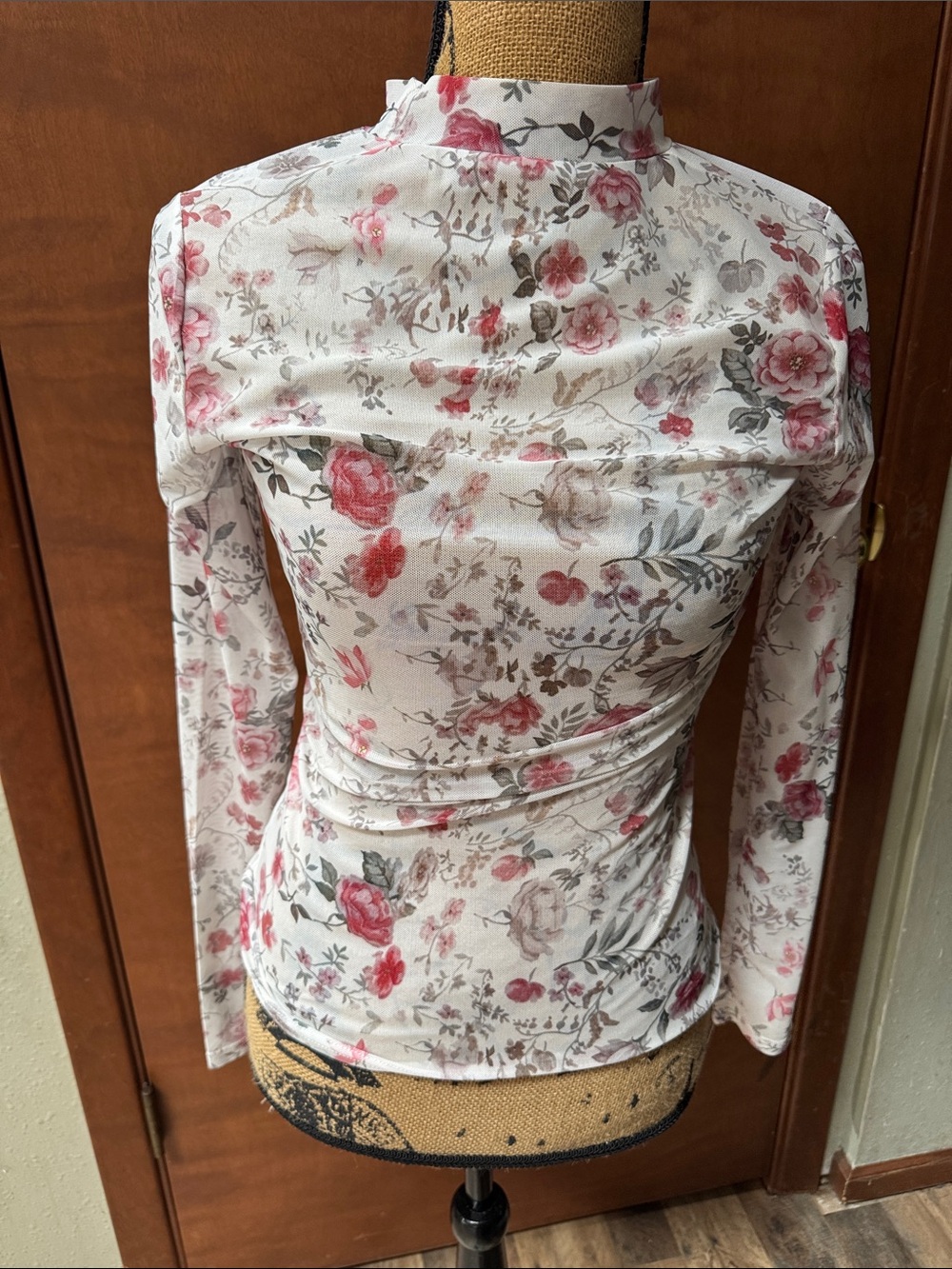 Floral Mock Neck Long-Sleeve Top - Mesh- “see through”Pink Floral